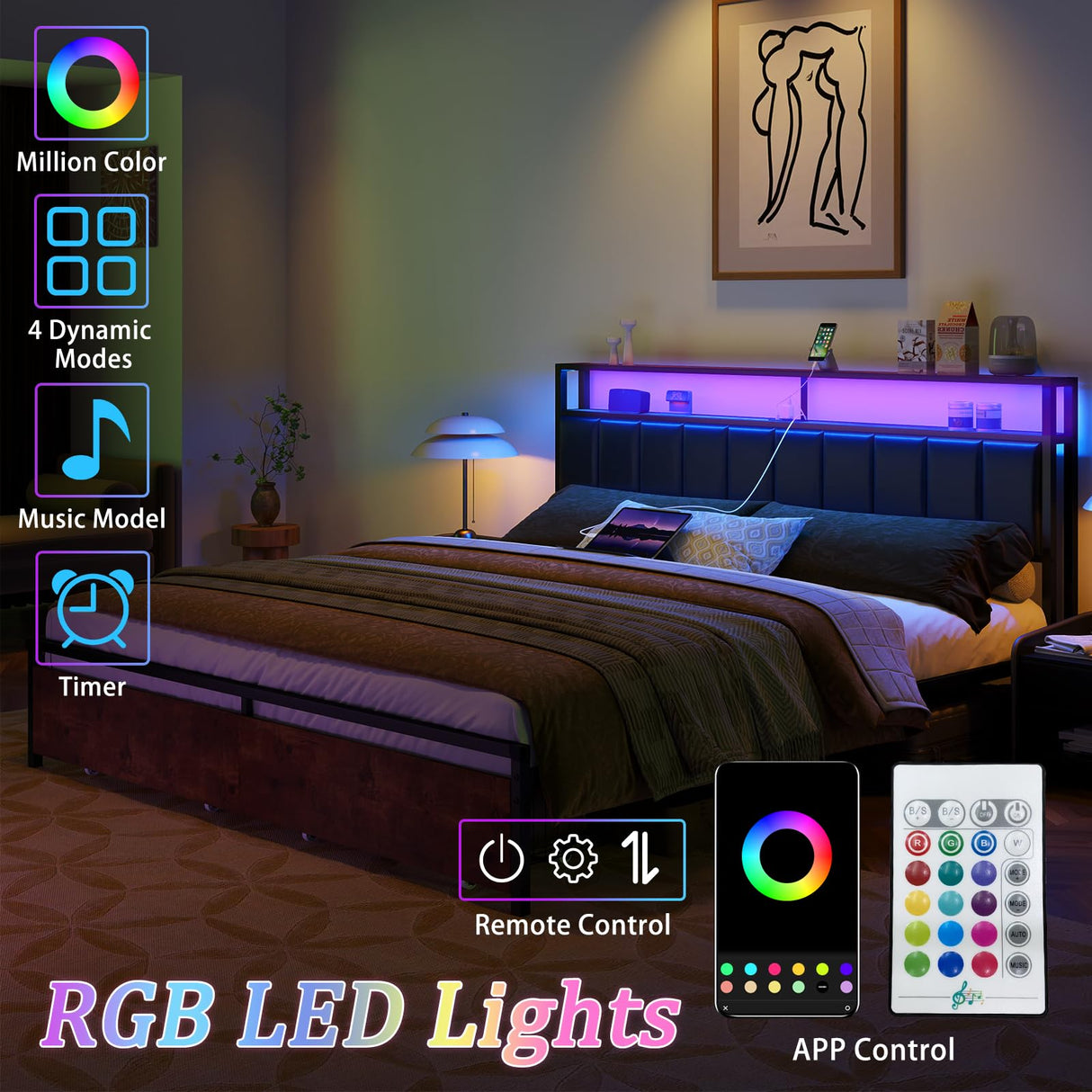 AMERLIFE LED Bed Frame with Drawers, Full Platform Bed Frame with 2-Tier Storage & Leather Upholstered & Charging Station Headboard, No Box Spring Needed, Noise Free, Easy Assembly, Black AMERLIFE