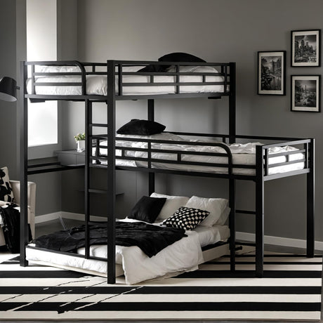 DNYN L Shaped Twin Over Twin Bunk Bed with Loftbeds Design for Kids Bedroom,3 in 1 Metal Bedframe w/Ladder & Safety Guardrails,Easy Assembly & Super Save Space & No Box Spring Needed, Black DNYN