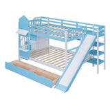 Harper & Bright Designs Full Over Full Bunk Bed with Slide and Stairs, Castle Style Bunk Beds with Storage Drawers and Shelves, Wooden Loft Bunk Bed Frame for Kids, Teens, Boys & Girls (Blue) Harper & Bright Designs
