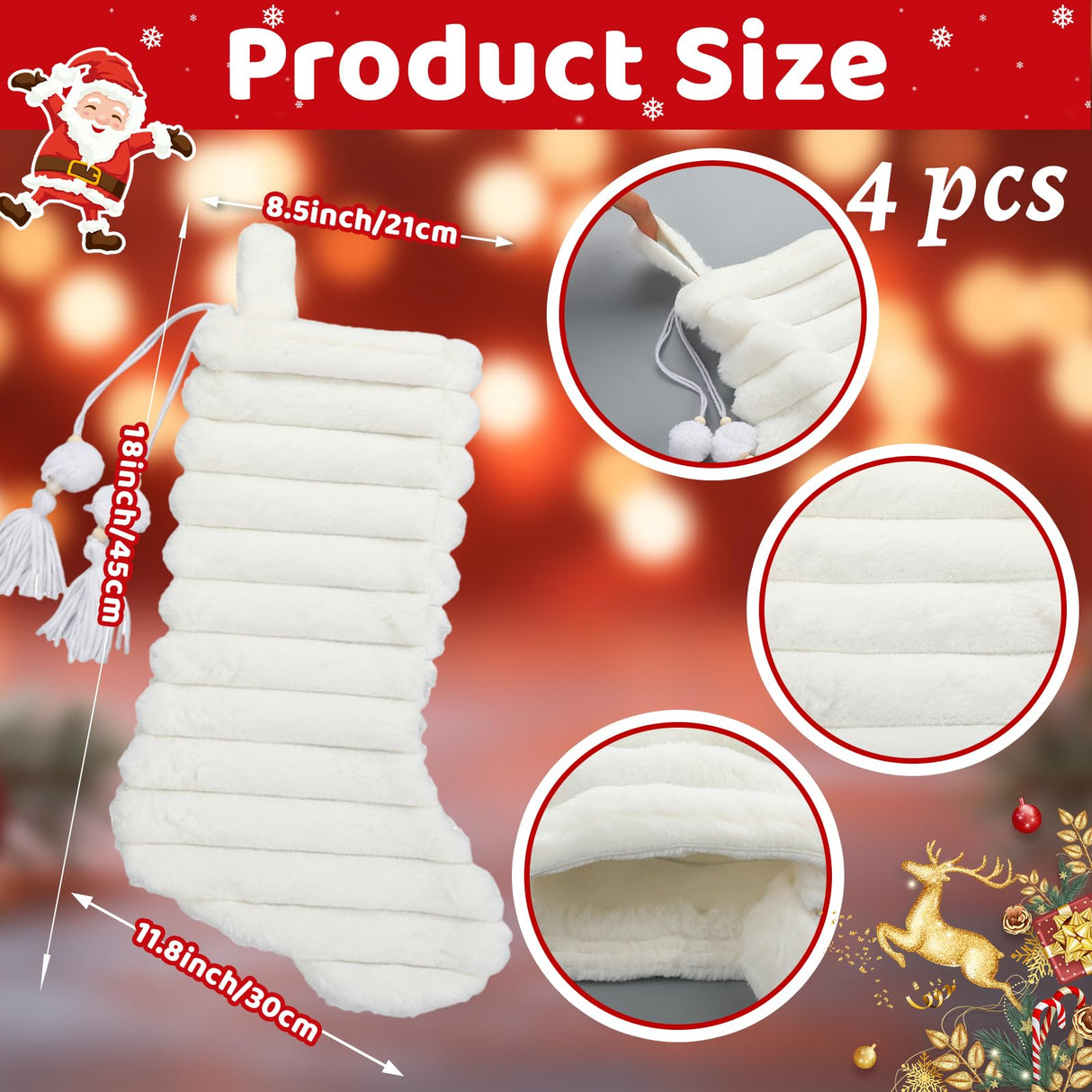 RoundFunny 4 Pcs Christmas Stockings, 18 Inch Striped Plush Faux Fur Xmas Stocking with Pendant, Large Thick Plush Hanging Stockings for Family Holiday Party Fireplace Stairs Decorations RoundFunny