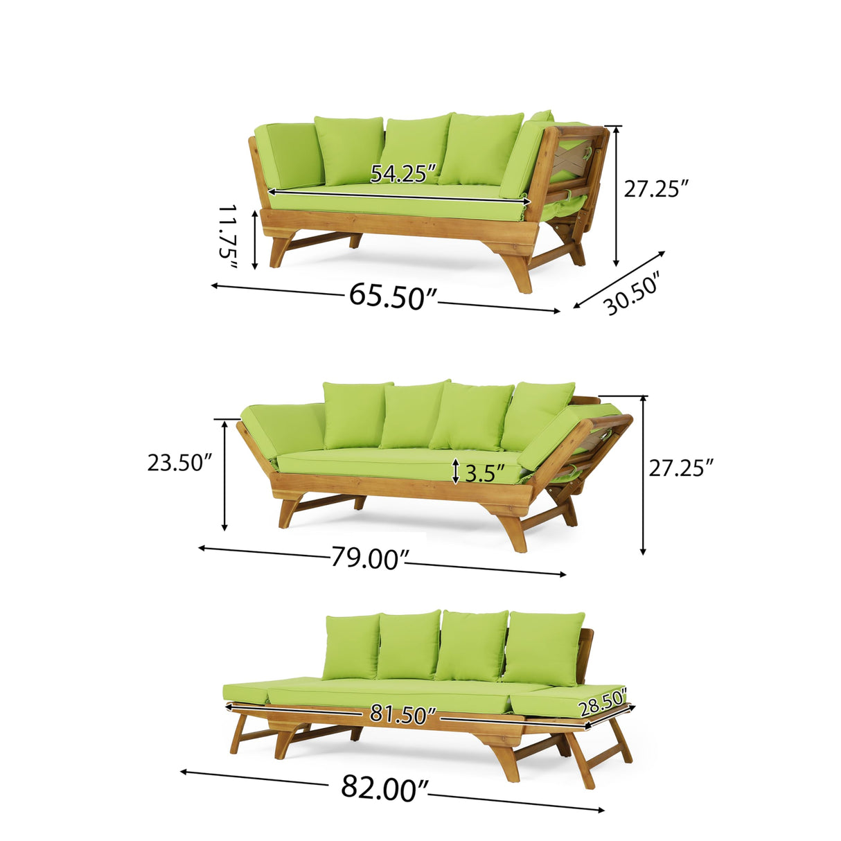 Merax Outdoor Patio Convertible Sofa Couch, Luxury Green Sectional Daybed with High Back & Thick Cushions, Coastal Furniture for Backyard Balcony Poolside, Acacia Wood & Waterr Resistant, Green Merax