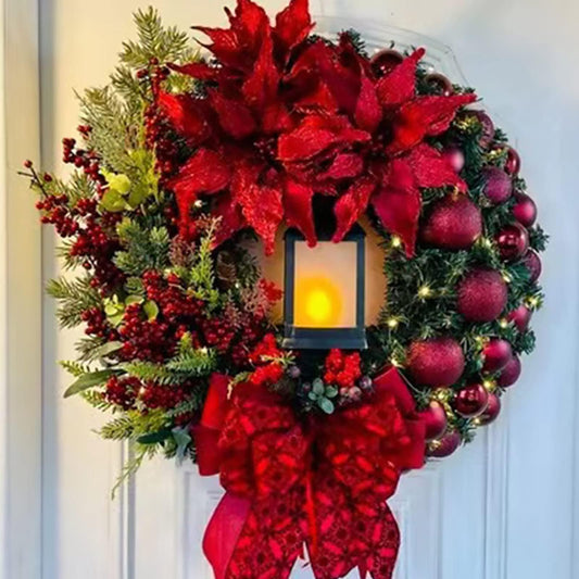 2024 Large Christmas Wreaths for Front Door Artificial Lighted Christmas Wreath with Bow Ribbon Red Christmas Front Door Wreath with Christmas Ball Christmas Garland for Indoor Outdoor Home Decor (A)