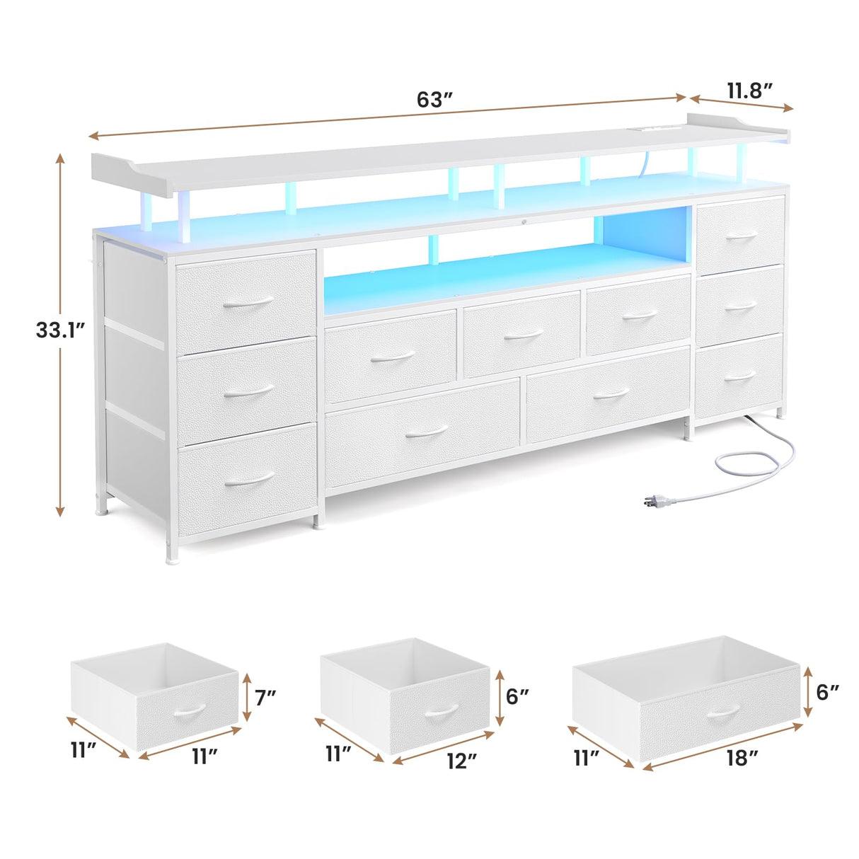 ADORNEVE TV Stand for 65 Inch TV, 63" W TV Console Table with LED Lights & Charging Station, Long Dresser with 11 PU Drawers, Large Entertainment Center with Shelves for Bedroom,White ADORNEVE