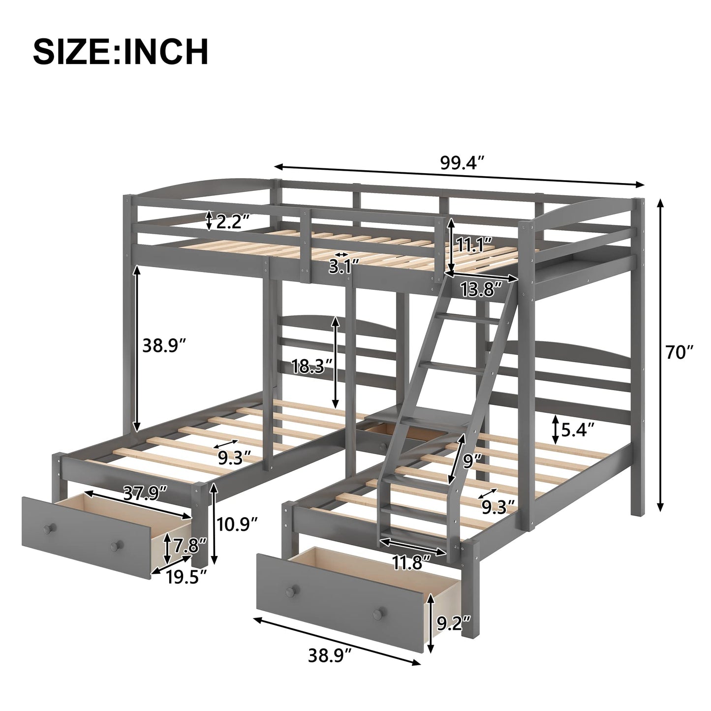 Wood Triple Bunk Beds with Storage Drawers, Full Over Twin & Twin Bunk Bed for 3, Multifunctional Bunk Bed Frame for Kids Teens Adults No Box Spring Needed (Gray)