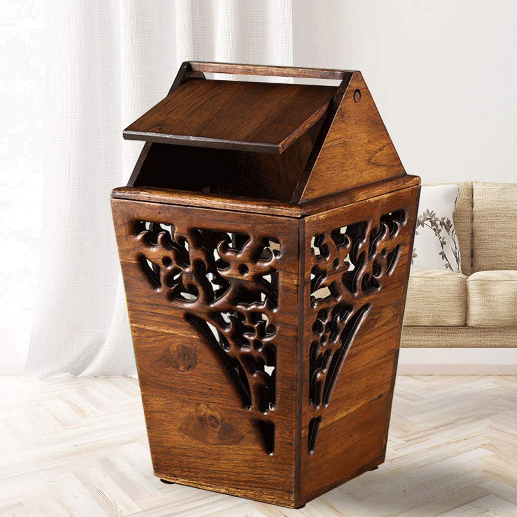 liangzishop Trash Can Waste Bin Antique Wooden Trashbin Shake Cover Teak Waste Bin Hand Hollow Carved Trash Can Indoor Solid Wood Trash Box 3.2 liangzishop