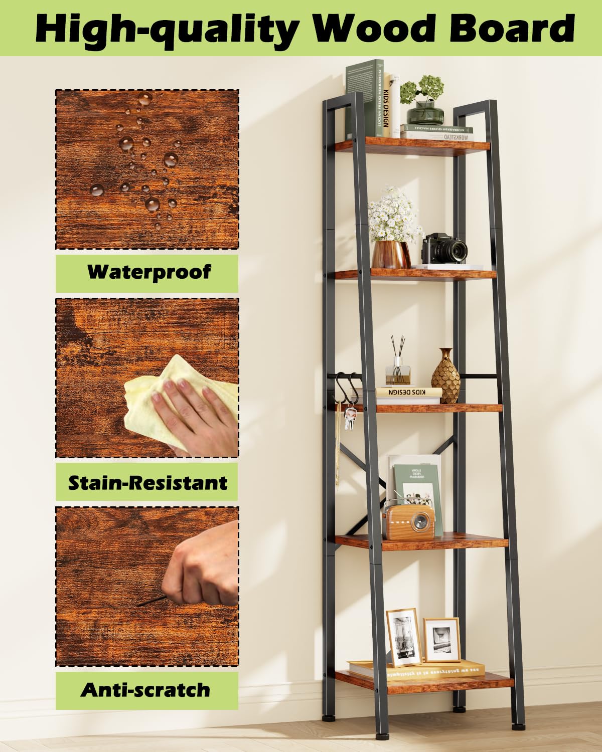 Furologee 5 Tier Ladder Shelf Bookcase, Tall Narrow Bookshelf with 2 Hooks, Rustic Brown Bathroom Corner Book Shelf, Metal Wood Book Case Standing Unit, Display Shelf for Living Room Office Kitchen Furologee