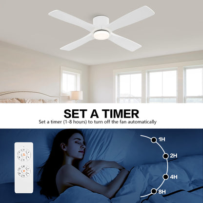 WINGBO 54 Inch Flush Mount DC Ceiling Fan with Lights and Remote, 4 Reversible Carved Wood Blades, 6-Speed Noiseless DC Motor, Hugger Ceiling Fan in Gloss White with White Blades, ETL Listed