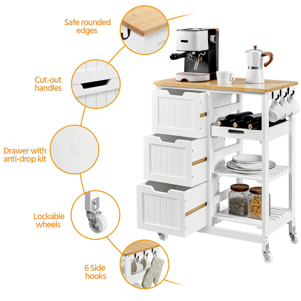 Yaheetech Kitchen Island Cart on Wheels with Bamboo Countertop, Rolling Serving Utility Trolley Cart with 3 Drawers, 3 Removable Shelves & Lockable Casters, Storage Cabinet for Dining Room, Bar, White Yaheetech