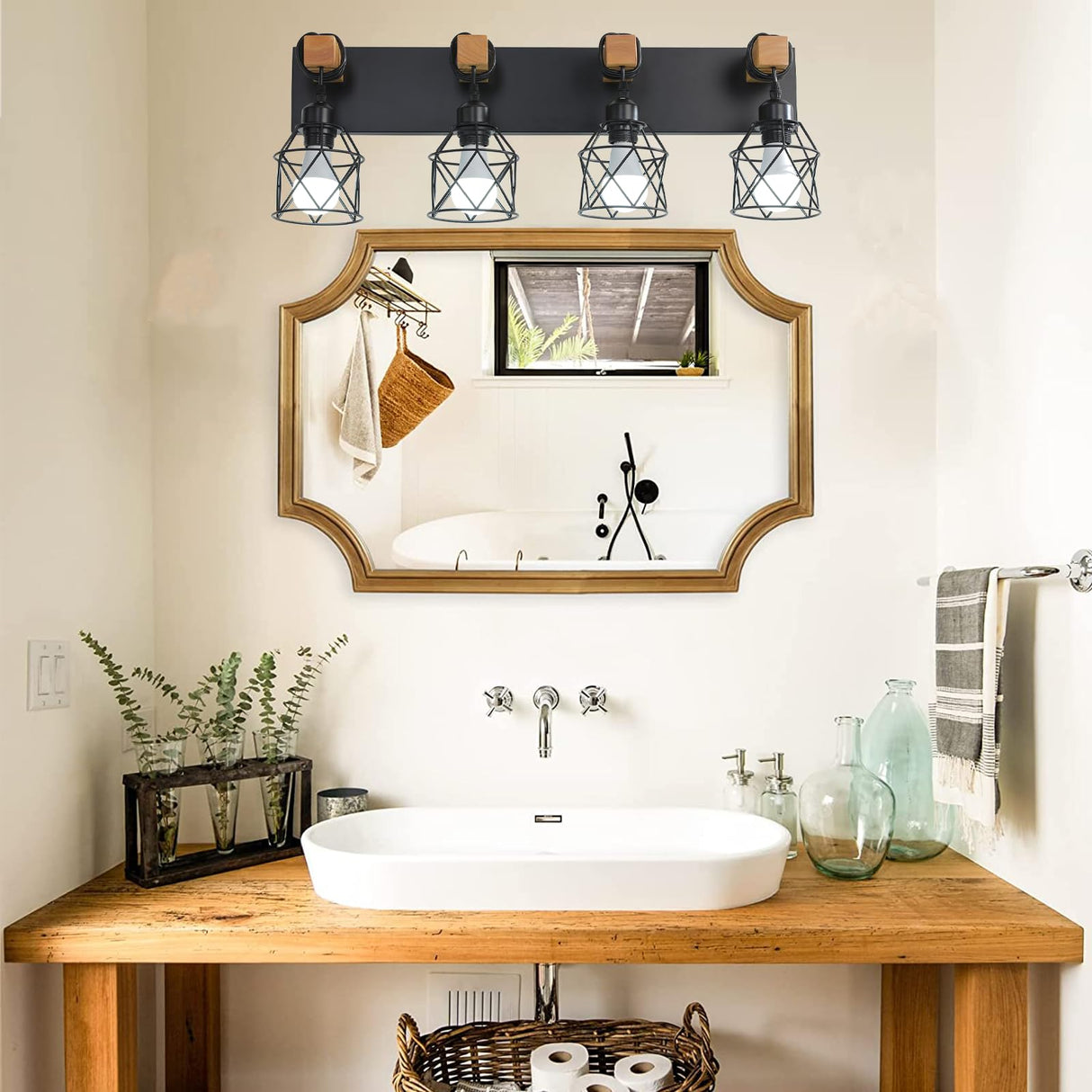 Farmhouse Vanity Light Fixture,4-Light Bathroom Lighting,Black Industrial Wood Wall Light Over Mirror with Metal Shade,LED Bulbs Included vivihobb