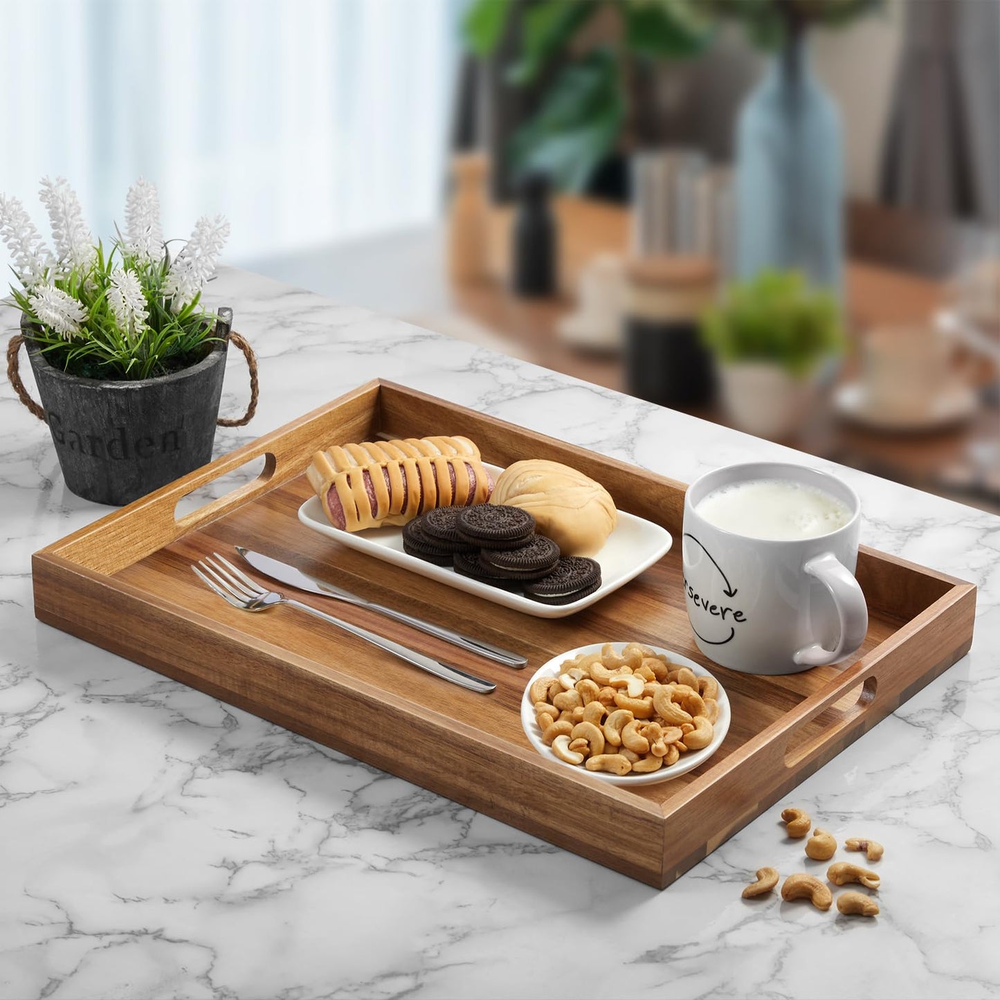 17 Inch Acacia Wood Serving Tray with Handles - Large Wooden Tray for Ottoman, Breakfast in Bed, Dinner, Coffee Table - Decorative Rectangular Tray for Living Room Bedroom Entryway and Kitchen