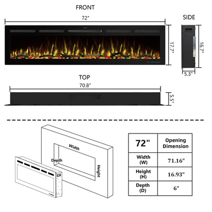 Kentsky 72" WiFi Electric Fireplace Inserts, Recessed and Wall Mounted Fireplace Heater W/Adjustable Flame Color & Brightness, Thermostat, 9H Timer, App and Remote Control, 750/1500W