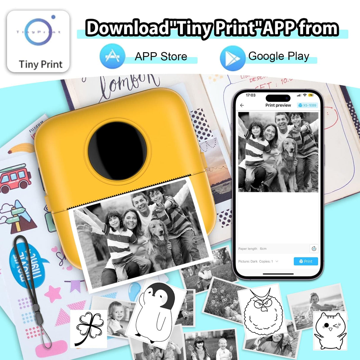 HuiJuKeJi Mini Sticker Printer Bluetooth Smart Pocket Inkless Thermal Printer with 11 Rolls Thermal Paper and Sticker for iOS&Android Print Pod, Portable Receipt Printer for Photo Note Memo (Yellow) HuiJuKeJi