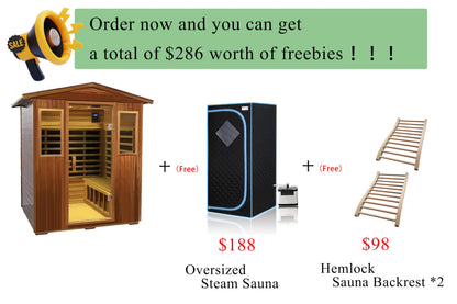 Outdoor Mahogany Ultra-Low EMF Sauna 4 Person Far Infrared Sauna for Home EMF average 0.5 mG, Withstand Outdoor Temp -10℉-149℉ Chromotherapy, Bluetooth Speaker (Freebie : Steam Sauna, Sauna Backrest)