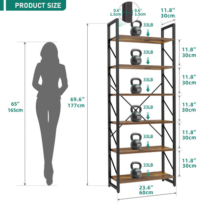 YITAHOME Rustic Brown 6-Tier Industrial Bookshelf - Open Display Storage Rack for Home and Office - WoodArtSupply