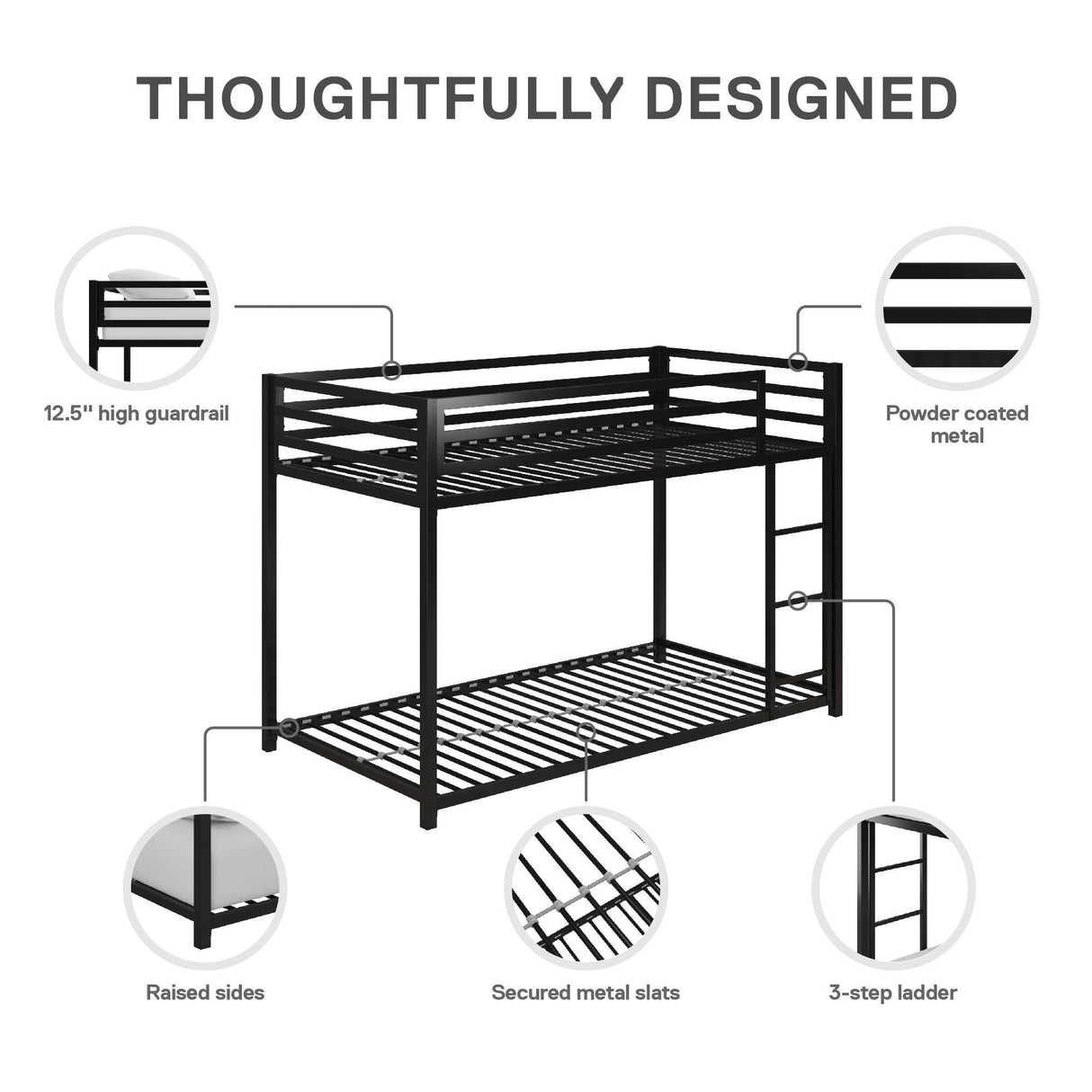 DHP Miles Low Metal Bunk Bed Frame for Kids, With Built-in Ladder, High Guardrail and Metal Slats, Floor Bed Bottom Bunk, No Boxspring Required, For Small Spaces, Twin-Over-Twin, Black DHP