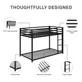 DHP Miles Low Metal Bunk Bed Frame for Kids, With Built-in Ladder, High Guardrail and Metal Slats, Floor Bed Bottom Bunk, No Boxspring Required, For Small Spaces, Twin-Over-Twin, Black DHP