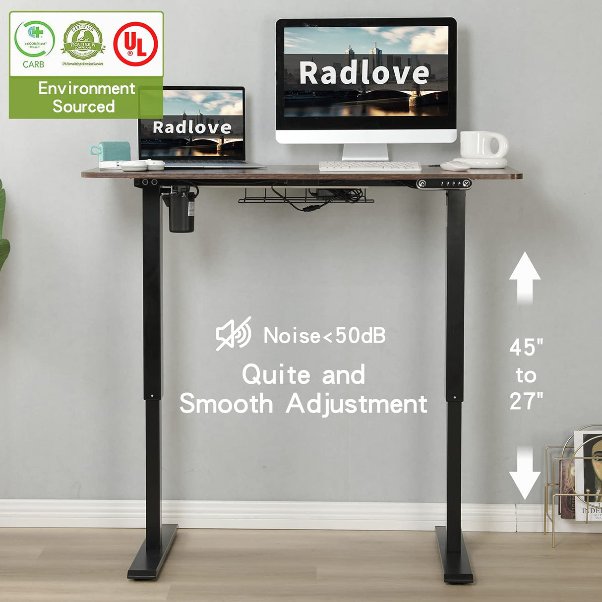 Radlove Electric Standing Desk, 48x24 Inches Height Adjustable Computer Desk Sit Stand Desk Home Office Desks with Splice Board and A Under Desk Cable Management Tray (Rustic Brown, 48 x 24'') Radlove