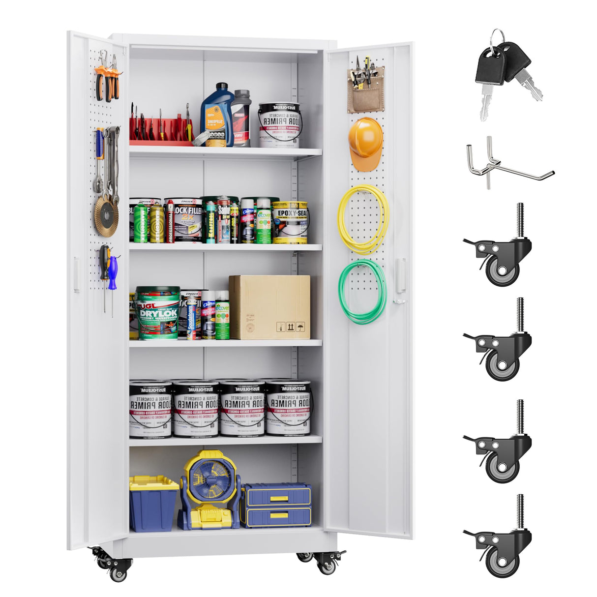 Aobabo 73" H Metal Storage Cabinet with Wheels for Garage, Locking Steel Storage Cabinet with 4 Shelves and Hooks, for Home Office, White, Assembly Required Aobabo