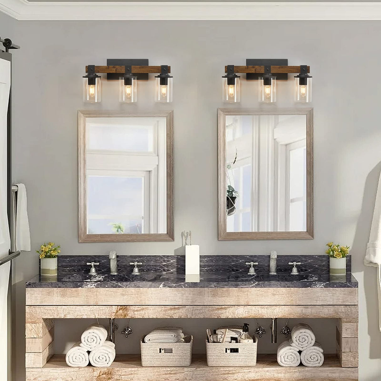 DUJAHMLAND Farmhouse Vanity Light Fixture,3-Light Bathroom Wood Wall Light Over Mirror with Clear Glass Shade, Rustic Vintage Wall Sconce Lighting.(Antique Wood, 3-Light) DUJAHMLAND