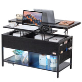 VEVOR Lift Top Coffee Table, 4 in 1 Multi-Function Coffee Table with Storage and Hidden Compartment, Farmhouse Coffee Table with Power Strip & USB & LED Light for Living Room, Home Office, Black VEVOR