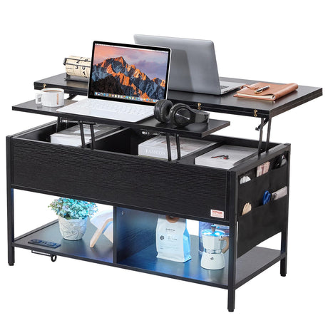 VEVOR Lift Top Coffee Table, 4 in 1 Multi-Function Coffee Table with Storage and Hidden Compartment, Farmhouse Coffee Table with Power Strip & USB & LED Light for Living Room, Home Office, Black VEVOR