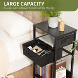 Yoobure Side Table - Night Stand with Charger Station & LED Light, 3 Tier Small End Table Living Room, Bedside Table with Drawer, Record Player Stand with Vinyl Storage, Black Nightstand for Bedroom Yoobure