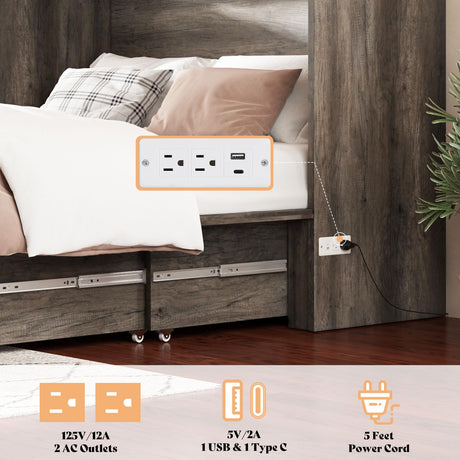 AMERLIFE Queen Murphy Bed with Storage & Charging Station, Farmhouse Murphy Cabinet with Foldable Panel, Noisy Free, for Living Room, Guest Bedroom, Office, Rustic Gray AMERLIFE