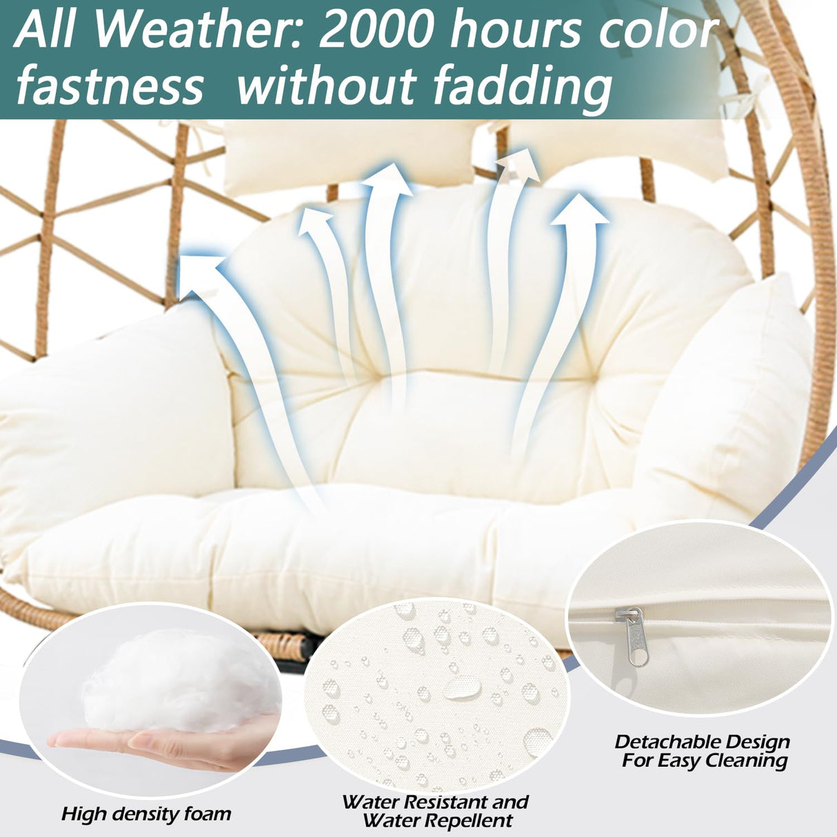 Nevsokio Double Wicker Outdoor Egg Chair,Lounge Chair with Ottoman,Oversized Patio Chair with Footrests,Cushions, Outdoor Indoor Rattan Chair (Webbing, White) Nevsokio