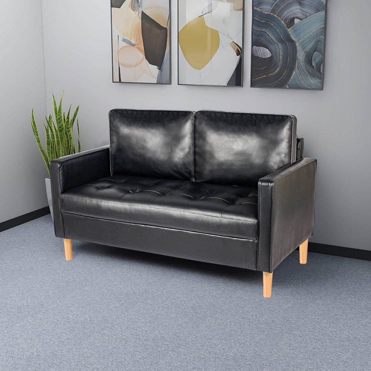 VAMEPOLE 57" Modern Sofa Couch, Black Faux Leather Loveseat for Living Room, Comfy Office Love Seats, Small Couches for Small Space VAMEPOLE