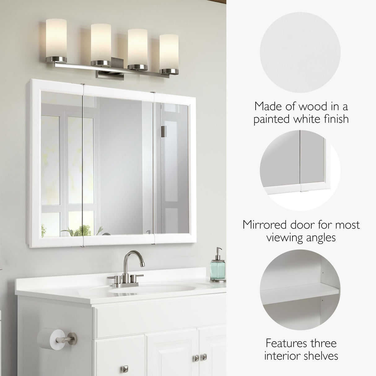 Design House 545103-WHT Wyndham Medicine Cabinet – Durable White Assembled Frame – Bathroom Wall Cabinet with Mirrored Door, 36-Inch – 4.75" X 36" X 30", White, 1 Count, Tri-View Design House