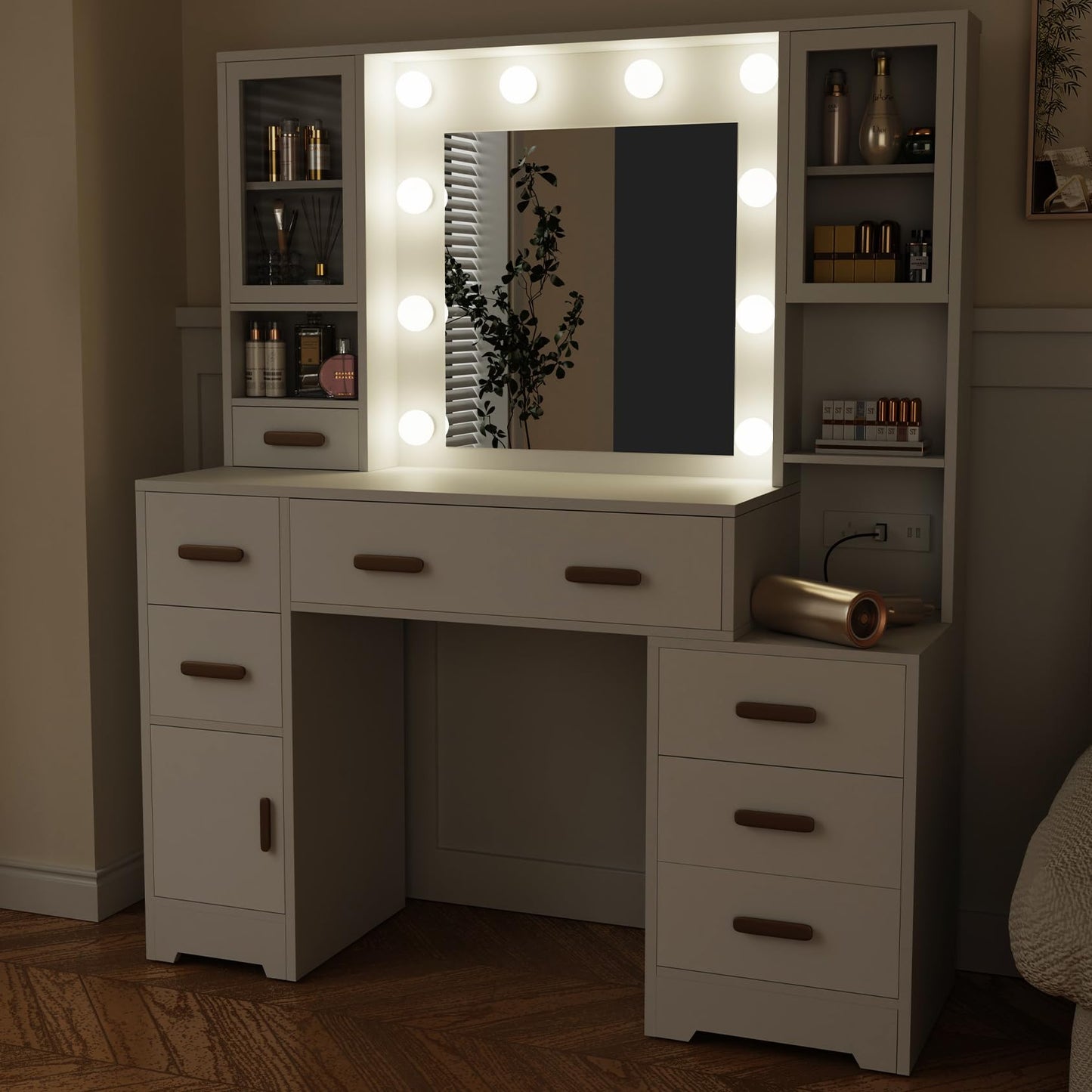 DYHOME Makeup Vanity Desk with Mirror and Lights & Charging Station, 49" Large White Vanity Desk with 3 LED Light Modes, Make Up Vanity Table Makeup Desk with 7 Drawers & 3 Cabinets for Bedroom