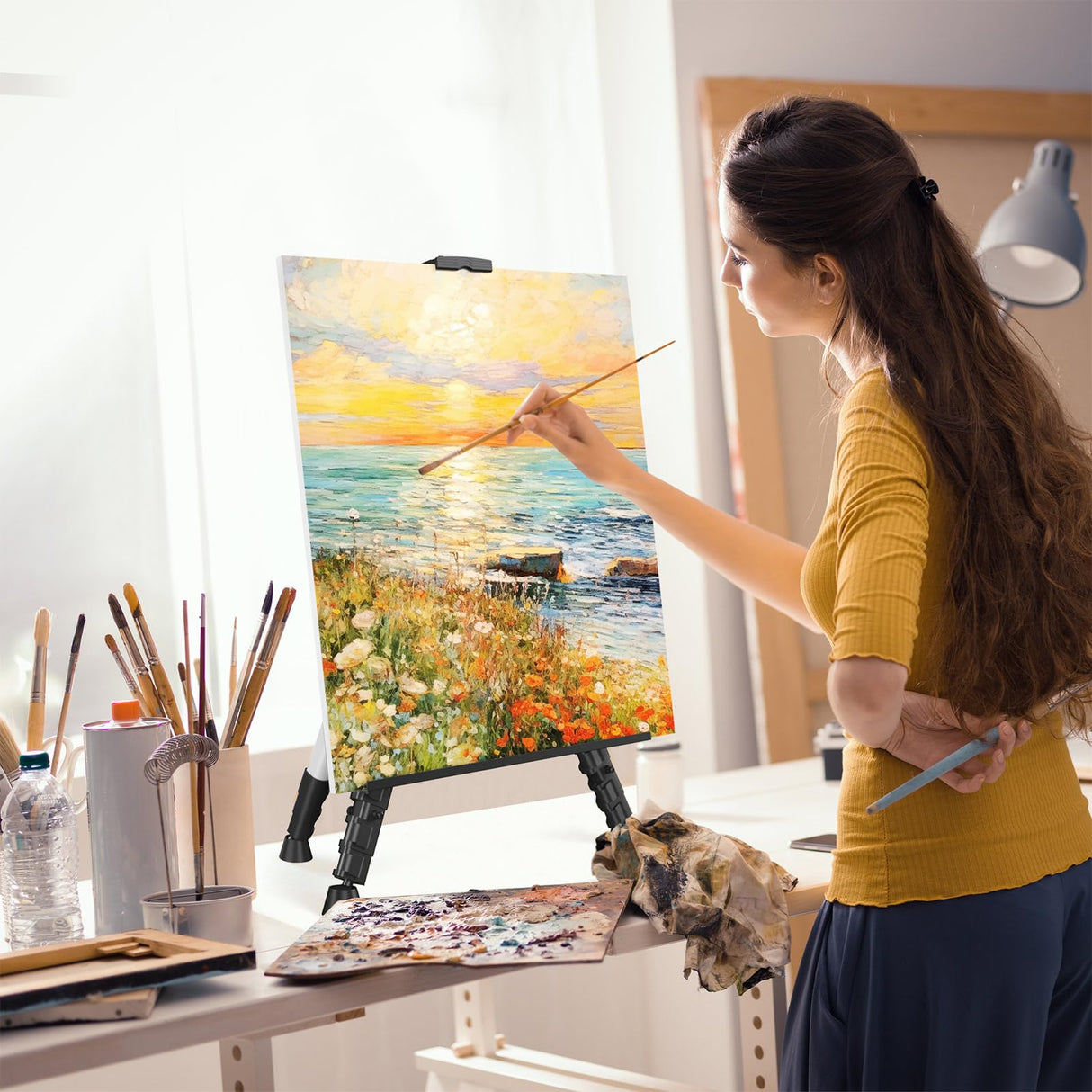 Art Easel Stand for Painting or Sign, Portable Adjustable 66 inches Display Tripod Artist Floor Aluminum Metal Easel with 1 Bag for Table-top/Floor Drawing, Sturdy for Canvases Displaying - Silver Mayyol