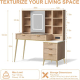 48" Fluted Makeup Vanity Desk with Sliding Mirror and Lights, Wooden Dressing Table with 5 Drawers and Adjustable Shelves,Makeup Vanity Table Modern Glass Top Charging Station for Bedroom (Wooden) TTSITG