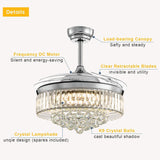 Moooni Modern 48 Inch Dimmable Crystal Fandelier, Retractable Blades Ceiling Fans with Light and Remote, Invisible LED Ceiling Fan Light Kit for Bedroom-Polished Chrome Moooni
