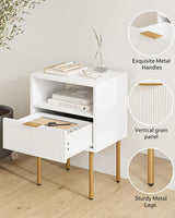 Masupu Nightstand,Mid-Century Modern Bedside Table with Storage Drawer and Open Wood Shelf,Small Gold Frame Side Table for Bedroom,Living Room,White Masupu