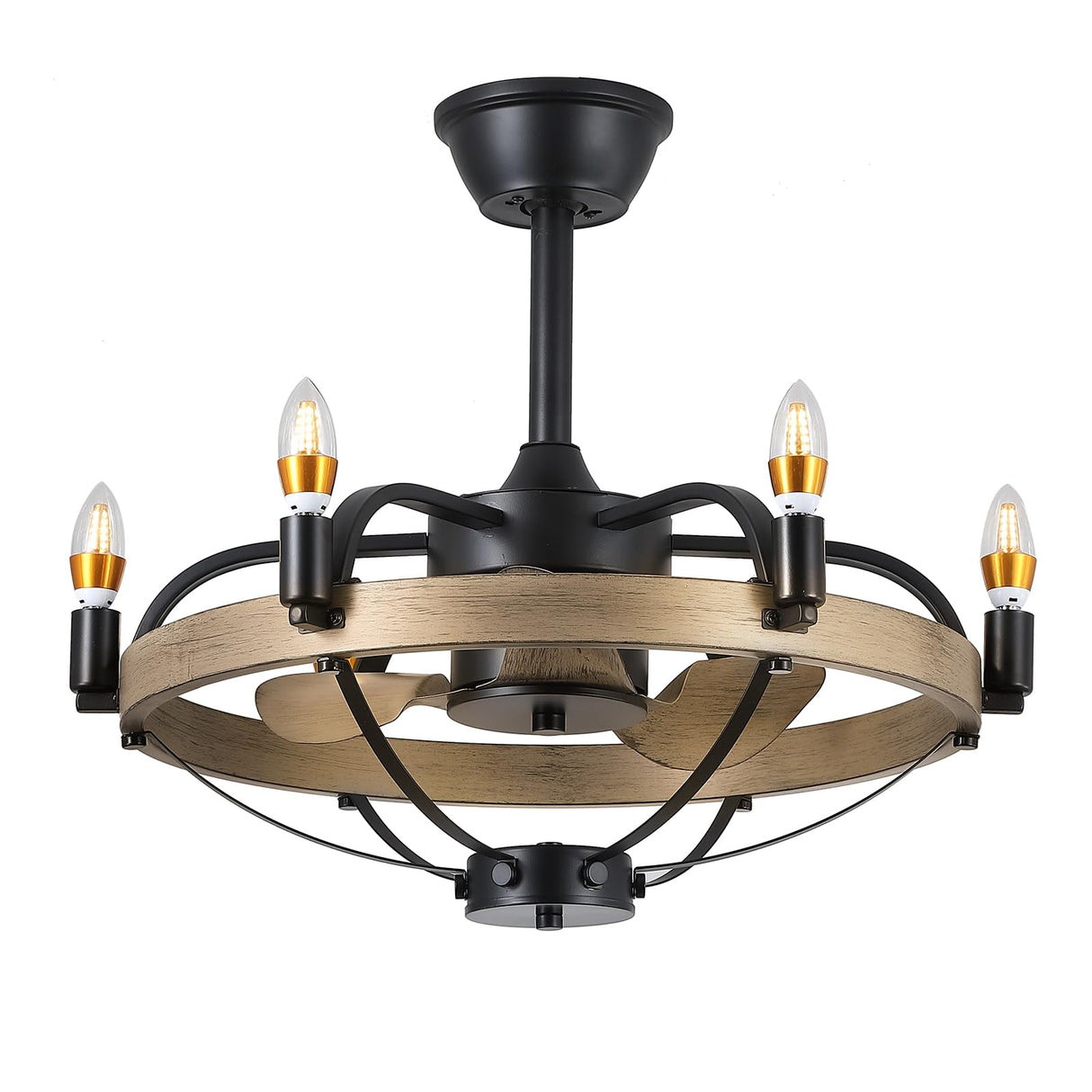MADSHNE 23" Black Candle Ceiling Fan with Lights Remote Control,Modern Rustic Farmhouse Ceiling Fan,Bladeless Caged Ceiling Fan with Light,Reversible, 6004M MADSHNE