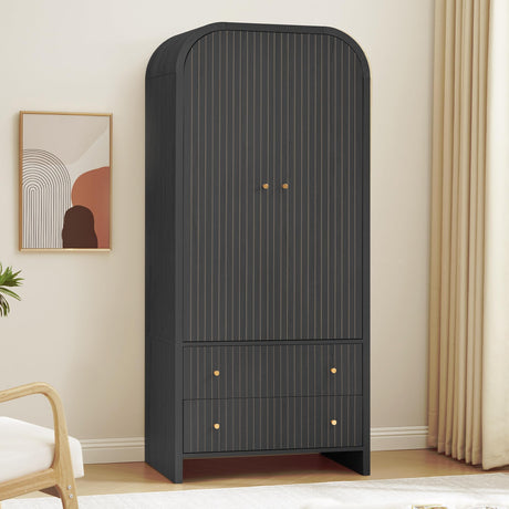 LEVNARY Arched Armoire Wardrobe Closet, Mid-Century Modern 2-Door Freestanding Wardrobe with Hanging Rod and 2 Drawers, Fluted Carved Clothing Storage Cabinet for Bedroom (Black) LEVNARY