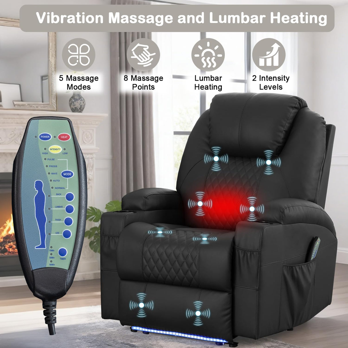WISHDEER Power Recliner Chair with Heat and Massage for Adults - Home Theater Seating with LED Lights,Cup Holders,Side Pocket,USB Port - Recliner Sofa for Living Room(Black, Set of 2) WISHDEER