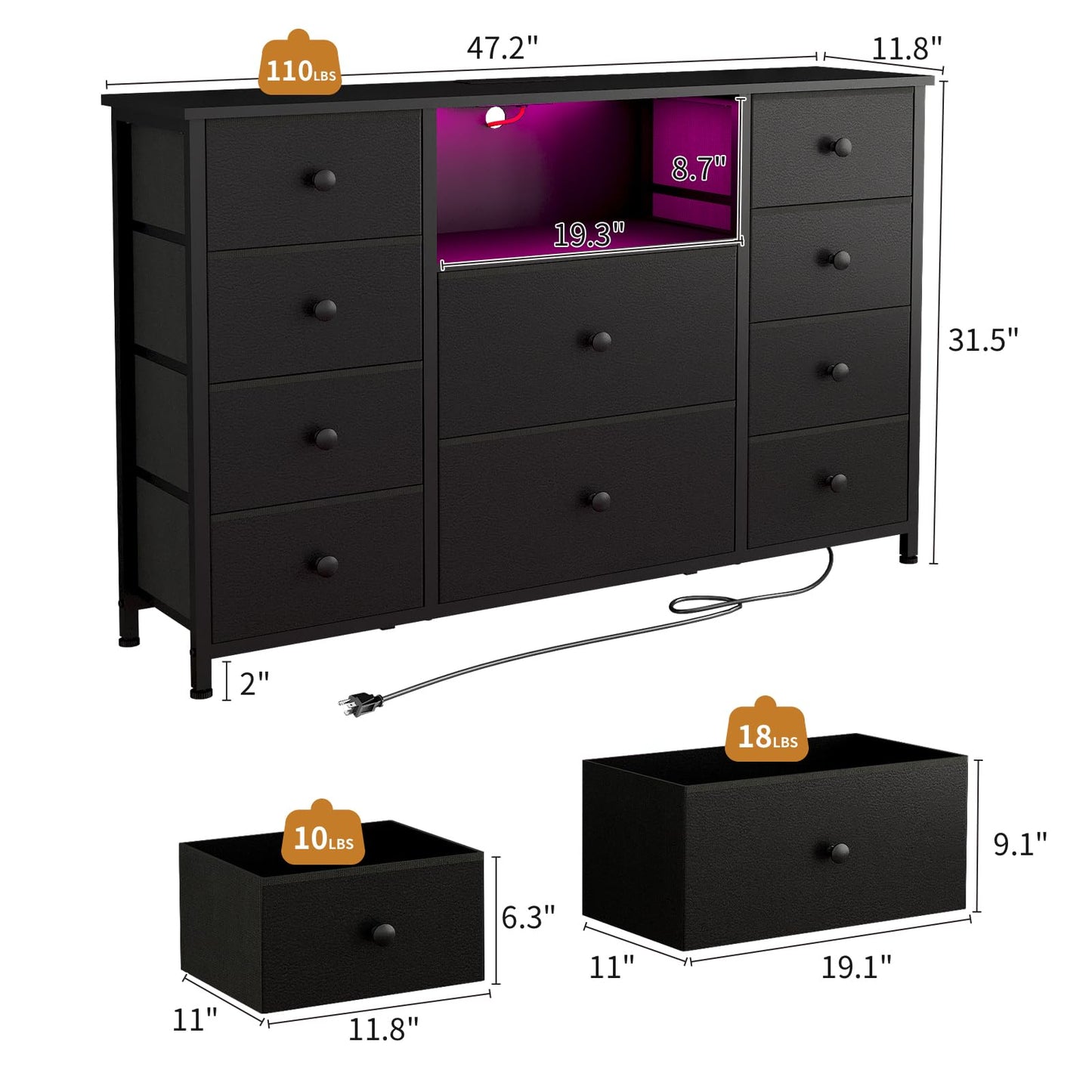 LDTTCUK Dresser with Charging Station and LED Lights, Long Dresser for Bedroom Dresser TV Stand with 10 Drawers, Fabric Chest of Drawers with PU Finish, Wide Dresser Storage Organizer, Black - WoodArtSupply