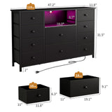 LDTTCUK Dresser with Charging Station and LED Lights, Long Dresser for Bedroom Dresser TV Stand with 10 Drawers, Fabric Chest of Drawers with PU Finish, Wide Dresser Storage Organizer, Black LDTTCUK
