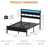 Furnulem Full Size Bed Frame with LED Light and Charging Station, Storage Headboard with 2-Tier Shelves, Metal Platform Bed with Heavy Duty Slats Support, No Box Spring Needed, Black Oak Furnulem