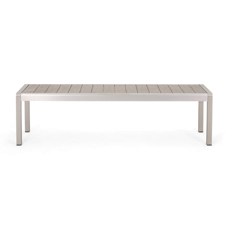 Great Deal Furniture Odelia Outdoor Modern Aluminum Dining Bench with Faux Wood Seat, Natural and Silver GDFStudio