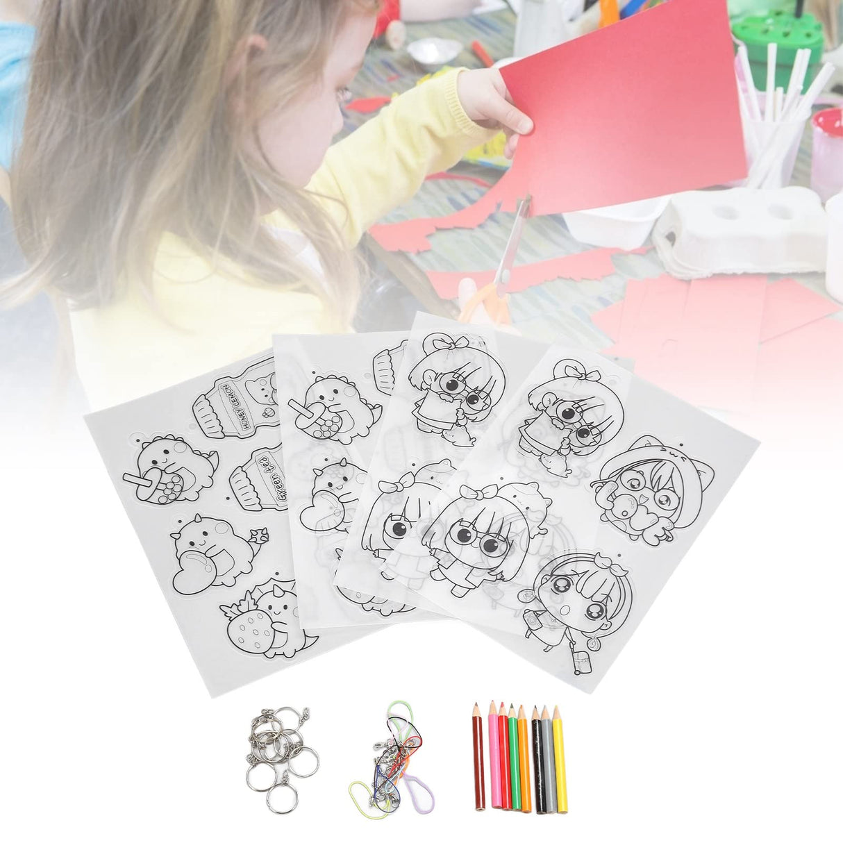Shrinky Dink Sheets Set, Cartoon Dinosaurs and Girls Pattern Shrinky Plastic Sheet Kit with 10pcs Key Rings and Small Lanyards DIY Accessories for Crafts, Jewelry Making Cyrank
