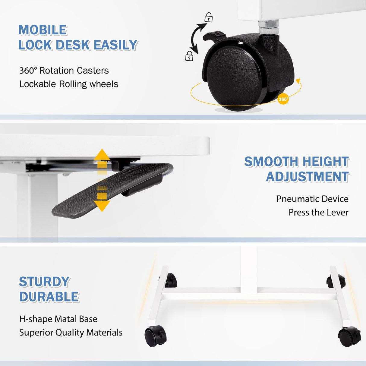 AMUSIGHT Mobile Standing Desk Adjustable Height, Sit Stand Rolling Laptop Desk with Lockable Wheels, Portable Computer Workstation for Home, Office, School (White) AMUSIGHT
