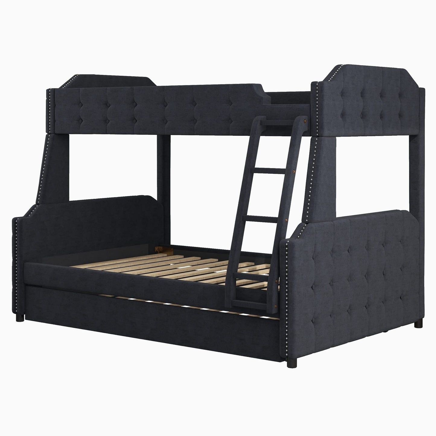 SkVLf Twin Over Full Bunk Bed with Trundle and Ladder, Tufted Button Design Upholstered Bunk Bed Frame with Headboard, Footboard and Slat Support (Velvet Fabric, Black) ，Queen Bed