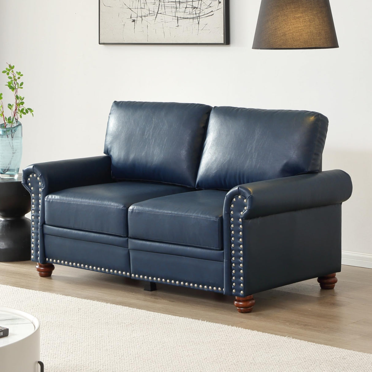 KEIKI 59.45" Chesterfield Sofa, Retro Style Upholstered Faux Leather PU Couch with Storage Space, Rolled Arm, Nailhead for Living Room Bedroom Office Apartment, Navy Blue KEIKI