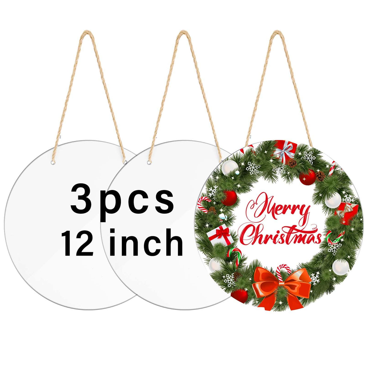 Ickimee 3 Pcs 12" Round Sublimation Door Hanger Blanks, Unfinished Metal Aluminum Circle Blanks for Sublimation Printing, Christmas Wall Hanging Ornaments, Welcome Door Sign with Rope for Heat Press Ickimee