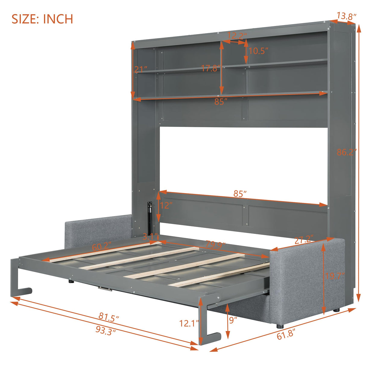 Harper & Bright Designs Queen Size Murphy Bed Cabinet Wall Bed Chest with Sofa, Storage Bookshelves, Wooden Murphy Bed Frame for Home Office Guest Room Bedroom, Gray Harper & Bright Designs