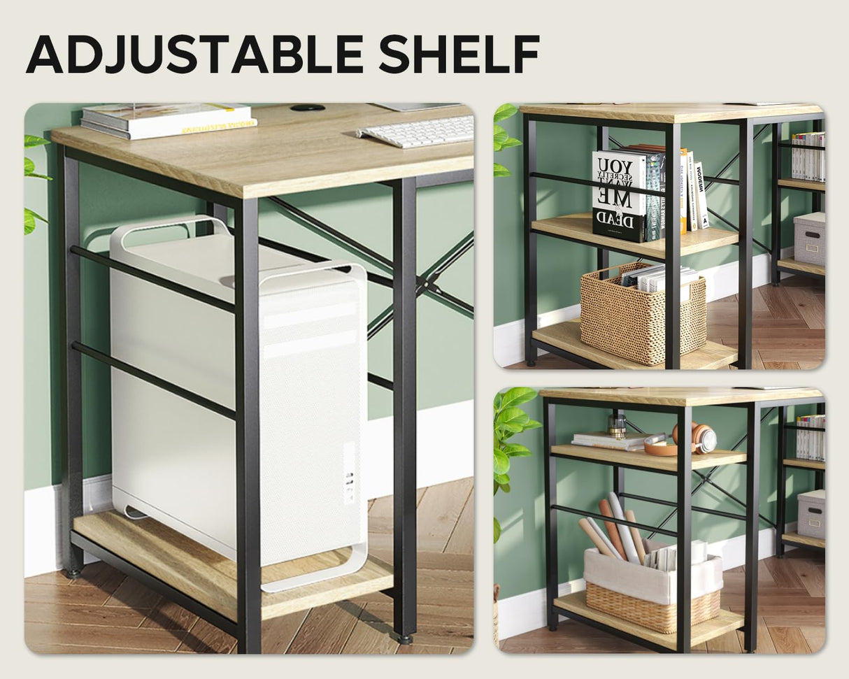 Bestier 95.2” L Shaped Desk, Reversible Corner Computer Desk or 2 Person Long Table with Adjustable Shelves, Large Writing Study Workstation with 3 Cable Holes - Oak Bestier