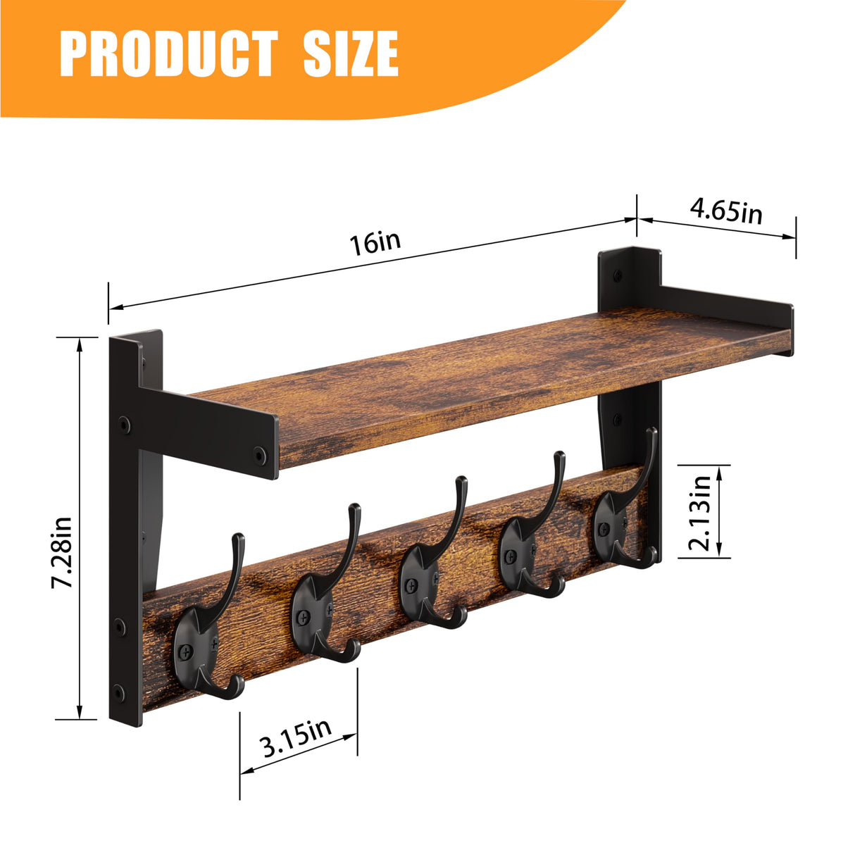 FNBAR Wall Hooks with Shelf, Wood Coat Rack with Shelf Wall-Mounted, Entryway Hanging Shelves with 5 Metal Hooks for Clothes Hats Towel Purse Robes, Bathroom Mudroom Bedroom, Rustic Brown FNBAR